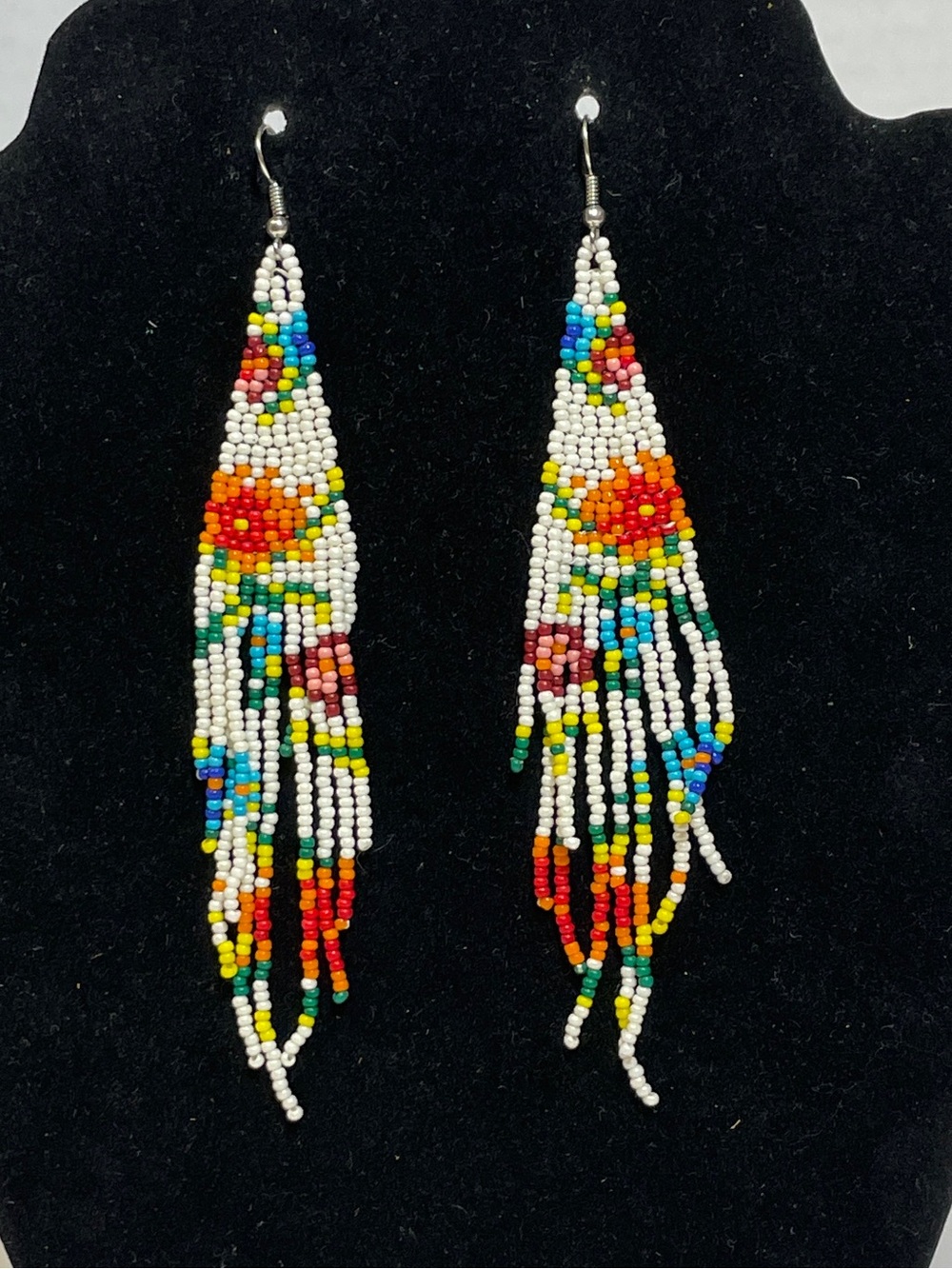 Native Am style Seed bead earrings dangle, White & Floral 11 Strands Fringe Boho